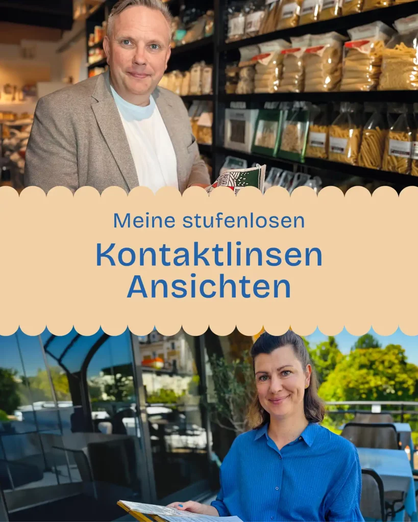 Kontaktlinsen-Motiv mit Mann im Geschäft und Frau im Außenbereich. Meine stufenlosen Kontaktlinsen Ansichten.