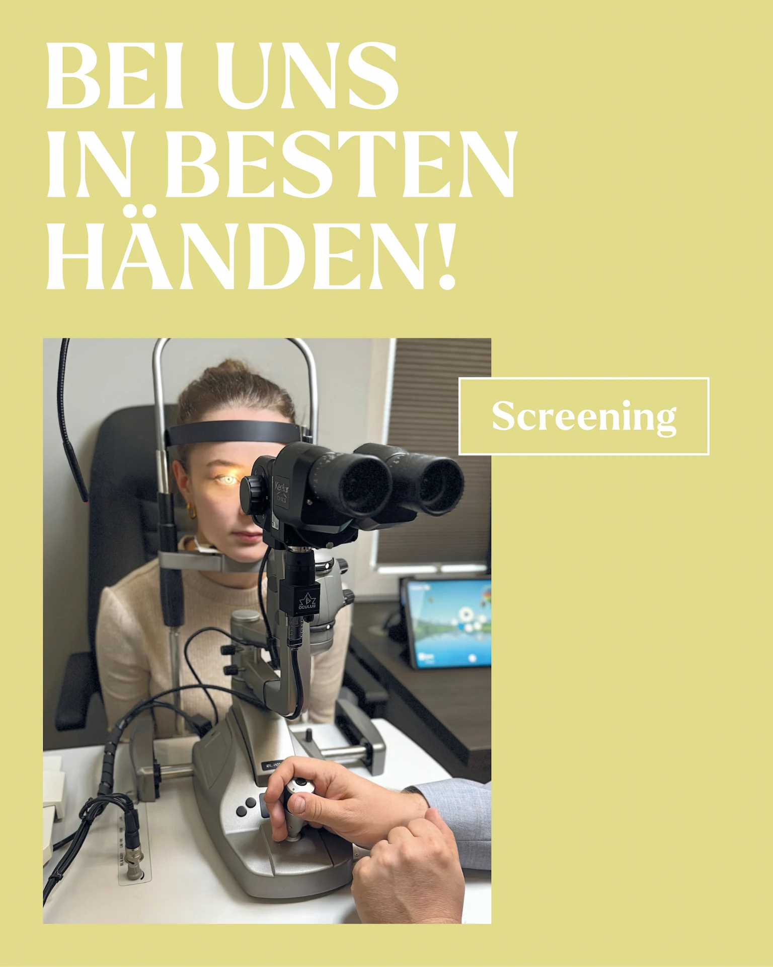 Frau bei einer Augenuntersuchung mit einer Spaltlampe zur Augenvorsorge und Früherkennung von Augenveränderungen.